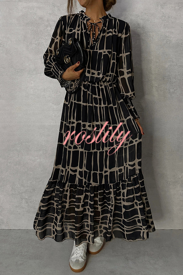 Unique Printed V-neck Tie-up Waist Long-sleeve Maxi Dress