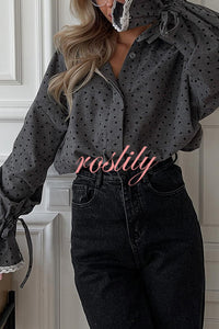 Fashionable Love Polka Dot Lapel Lace Cuffs Casual Shirt