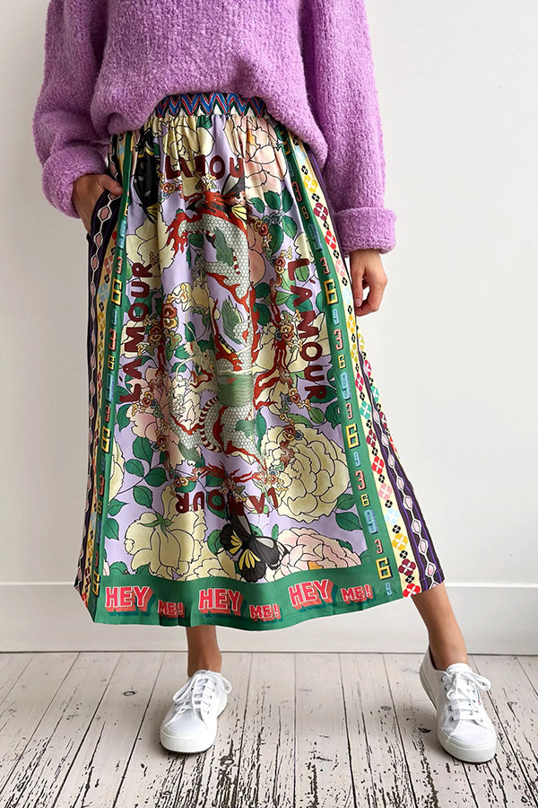 Dragon Season Unique Print Elastic Waist Pocketed Midi Skirt