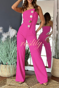 Solid Color Sexy Tube Top Gold Button Embellished Bootcut Jumpsuit