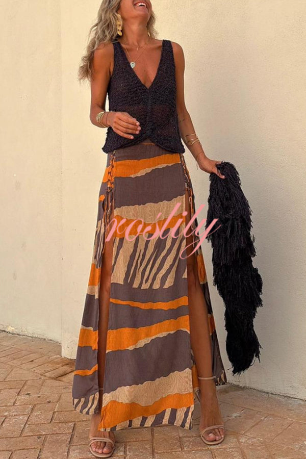 Bendita Colorblock Print Elastic Waist Side Lace-up Slit Maxi Skirt