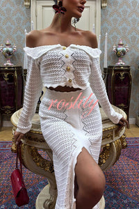 Fashion Knitted Off-the-shoulder Long-sleeved Top and Elastic Slit Maxi Skirt Set