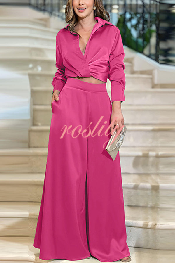 Satin Solid Color Lapel Long Sleeve Blouse and Loose-fitting Pocket Wide Leg Pants Set