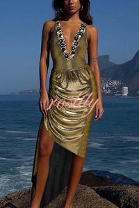 Solid Color Shiny Fabric Irregular Loose Beach Stretch Skirt