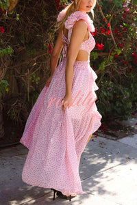 Wedding Dreams Chiffon Printed Flutter Sleeve Cutout Back Lace-up Maxi Dress