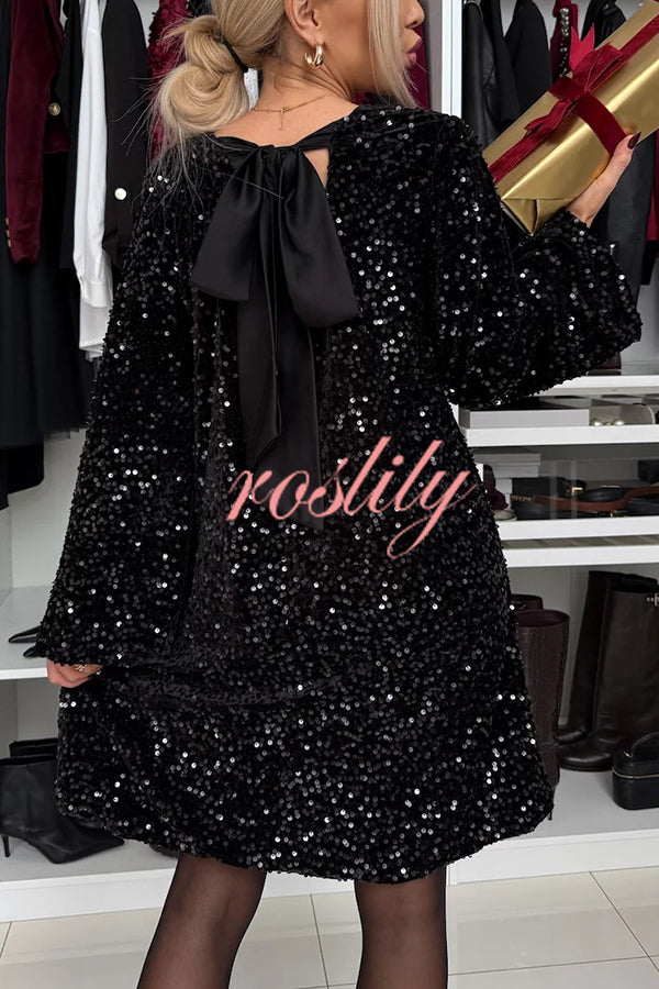 Velvet Sequin Back Bow Bell Sleeves Loose Mini Dress