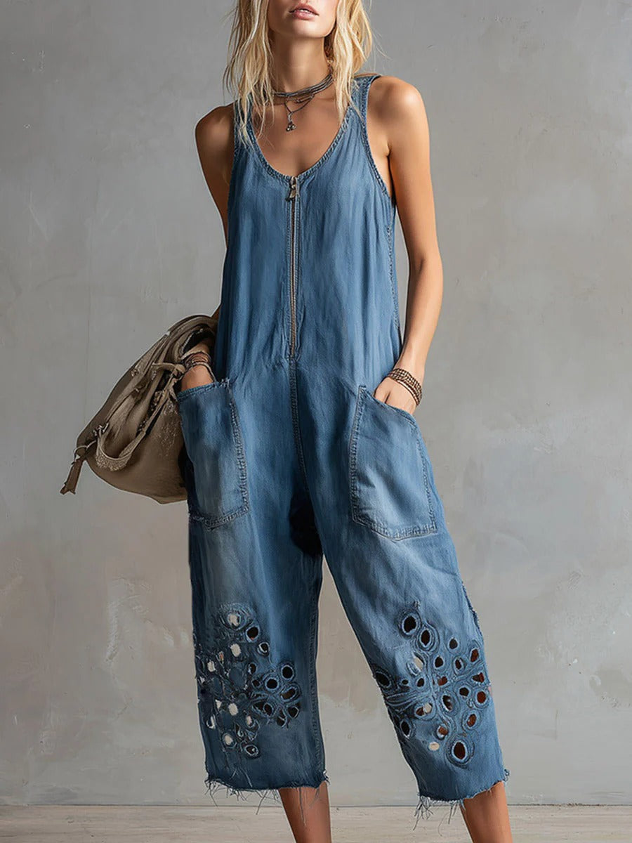 V-neck Sleeveless Casual Loose-fit Wide-leg Jumpsuit With Cutout Embroidery