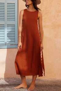 Vacation Villa Side Ric Rac Wave Trim Slit Loose Maxi Dress