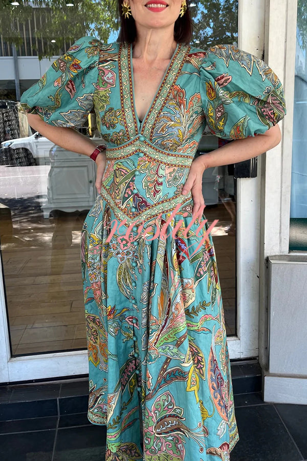 Chic Vacation Linen Blend Unique Print Button Puff Sleeve Pocket Maxi Dress