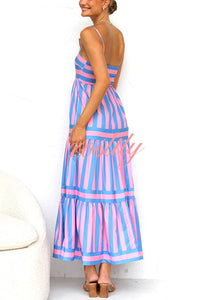 Beachy Dreams Striped Print Back Smocked Pocket A-line Slip Midi Dress