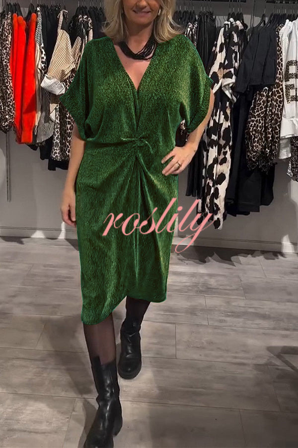 Solid Color Glossy V-neck Short-sleeved Loose Midi Dress