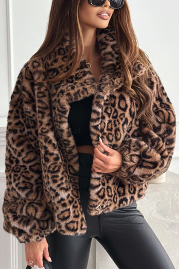 Stylish Leopard Print Lapel Long Sleeve Short Coat