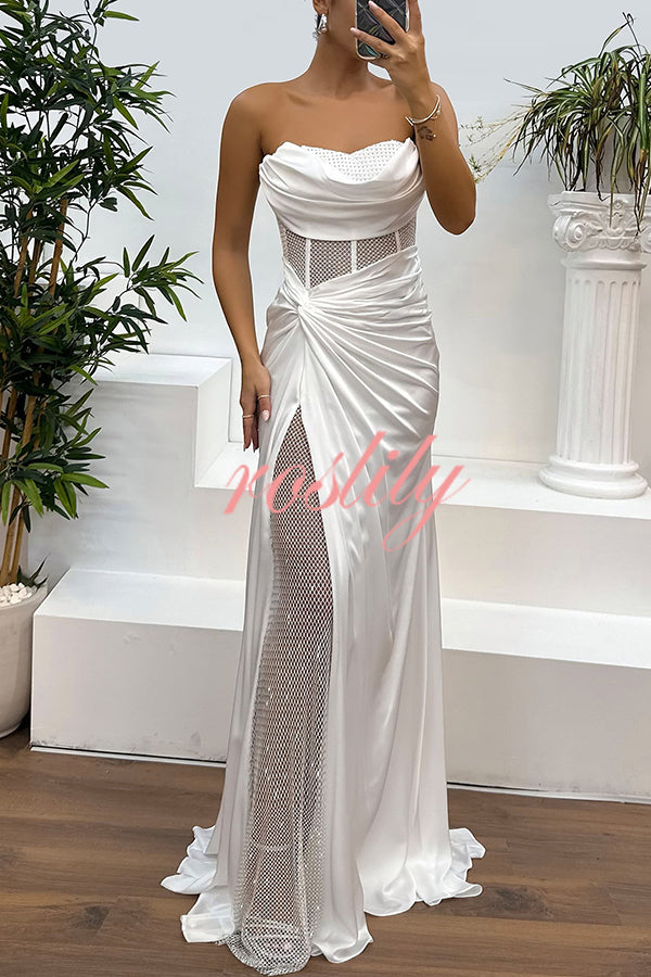 Audrey Satin Paneled Mesh Sequin Fabric Off Shoulder Ruched Drape Maxi Dress