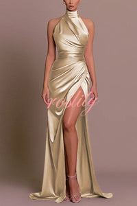 Satin Sexy Halter Neck Sleeveless High Slit Slim Maxi Dress