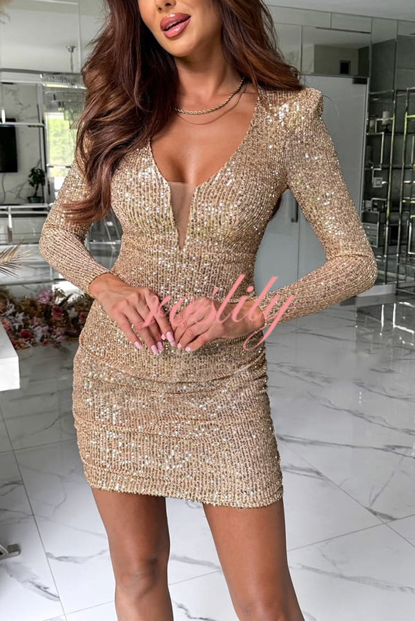 Dreamy and Dazzling Sequin Mesh V-neck Long Sleeve Ruched Stretch Mini Dress