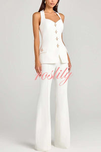 Women Power Metal Cross Snap Button Sweetheart Neck Wide Strap Vest