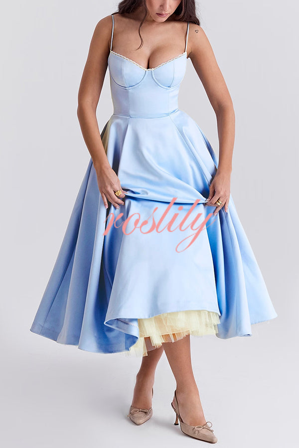 Fairytale Vibe Satin Patchwork Tulle Sweetheart Neck Pocket Stretch Midi Dress