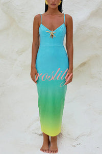 Sirene Sequin Unique Gradient Print Starfish Brooch Cutrout Slit Stretch Maxi Dress