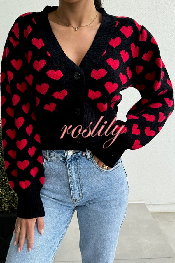 Cute Heart V-neck Long Sleeve Casual Knitted Cardigan