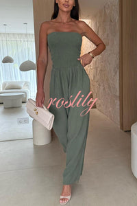 Linen Blend Solid Color Off-the-shoulder Pleated Casual Pocket Wide-leg Jumpsuit