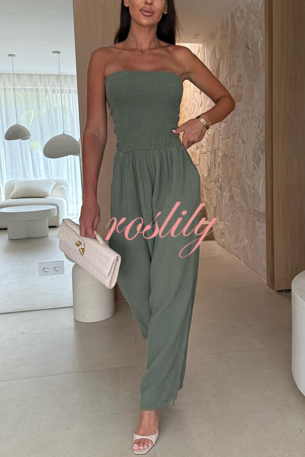 Linen Blend Solid Color Off-the-shoulder Pleated Casual Pocket Wide-leg Jumpsuit