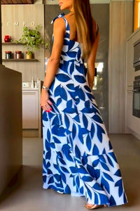 High Waisted Strappy Floral Print Halter Panel Maxi Dress