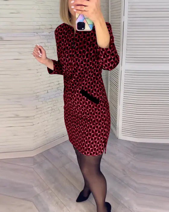 Geometric Pattern Long Sleeve Bodycon Dress