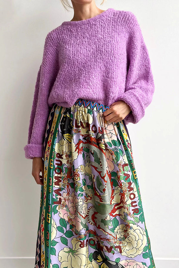 Dragon Season Unique Print Elastic Waist Pocketed Midi Skirt