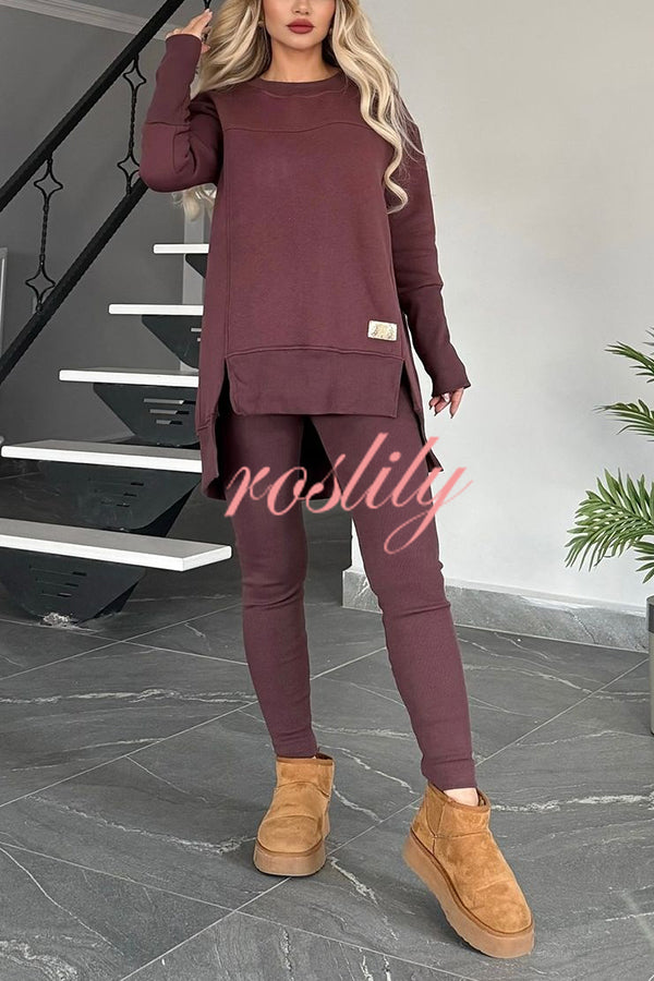 Solid Color Crew Neck Long Sleeve Top and Casual Stretch Pants Set