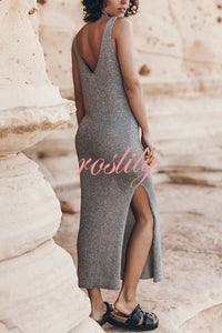 Vacation Breeze Knit Slit Loose Tank Midi Dress