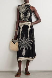 Satin Botanical Print Sleeveless Lounge Top and Midi Skirt Set