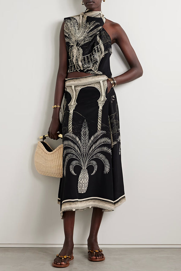 Satin Botanical Print Sleeveless Lounge Top and Midi Skirt Set