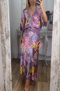 Satin Floral Print V-neck Half-sleeve Loose Top and Elegant Maxi Skirt Set