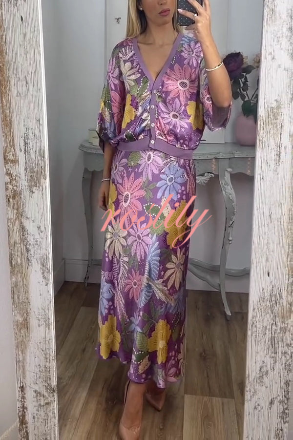 Satin Floral Print V-neck Half-sleeve Loose Top and Elegant Maxi Skirt Set