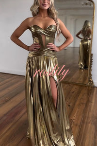 Dazzling Metallic Fabric Cross Strapless Cutout Slit Pleated Maxi Dress