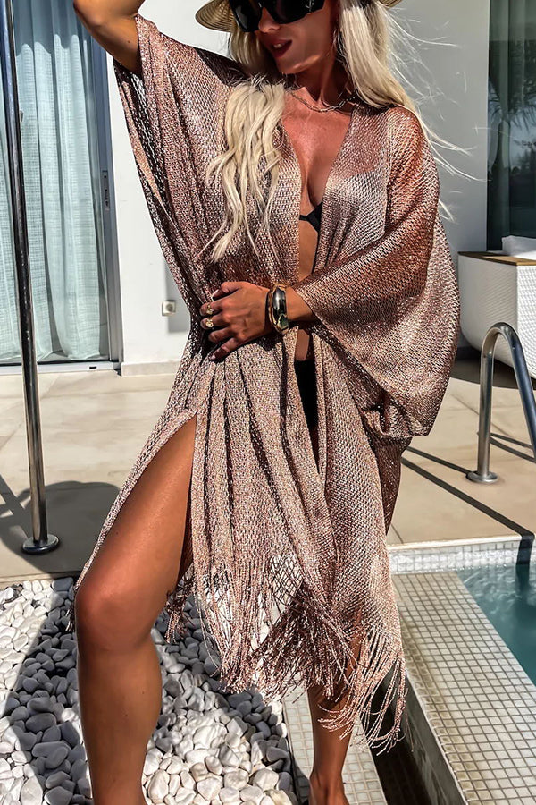 Perfect Look for Vacation Tassle Trim Batwing Sleeve Loose Cover-ups