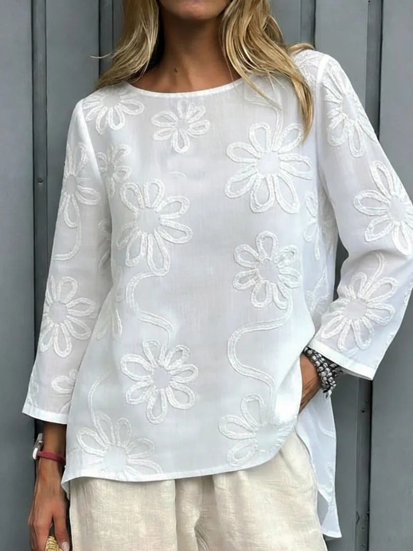 Floral Embroidered Loose-fitting Cotton Shirt Blouse