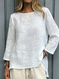 Floral Embroidered Loose-fitting Cotton Shirt Blouse