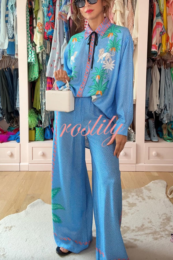 Sunday Breeze Satin Floral Unique Print Elastic Waist Pocket Wide Leg Pants