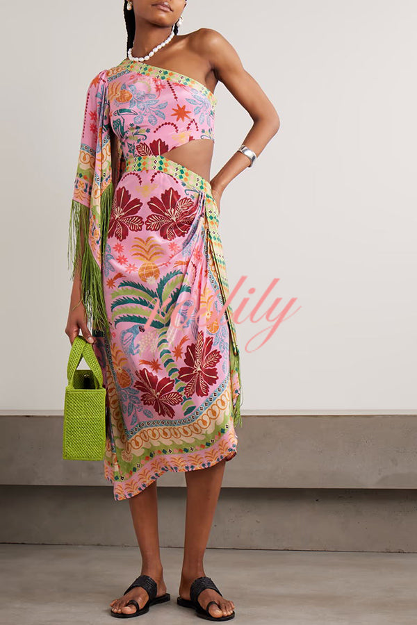 Fruits Queen Unique Print One Shoulder Fringe Detail Scarf Midi Dress