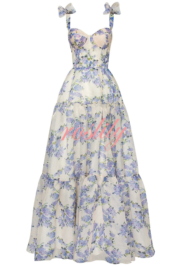 Fairytale Itself Organza Floral Print Tie Strap Maxi Dress