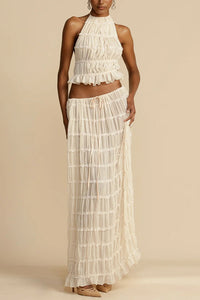 Versatility and Vintage Charm Pleated Drawstring Waist Tiered Maxi Skirt