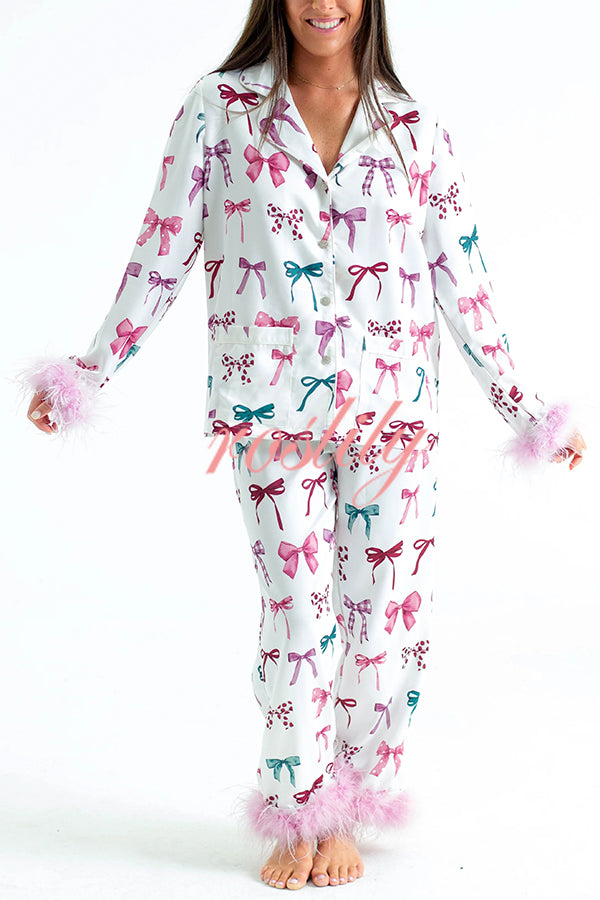 Christmas Besties Party Printed Feather Trim Elastic Waist Pocketed Pajama Set