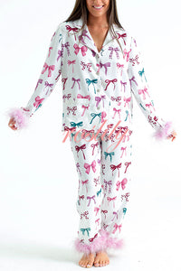 Christmas Besties Party Printed Feather Trim Elastic Waist Pocketed Pajama Set