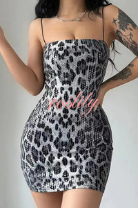 Leopard Print Sequin Sexy Sling Slim Fit Mini Dress