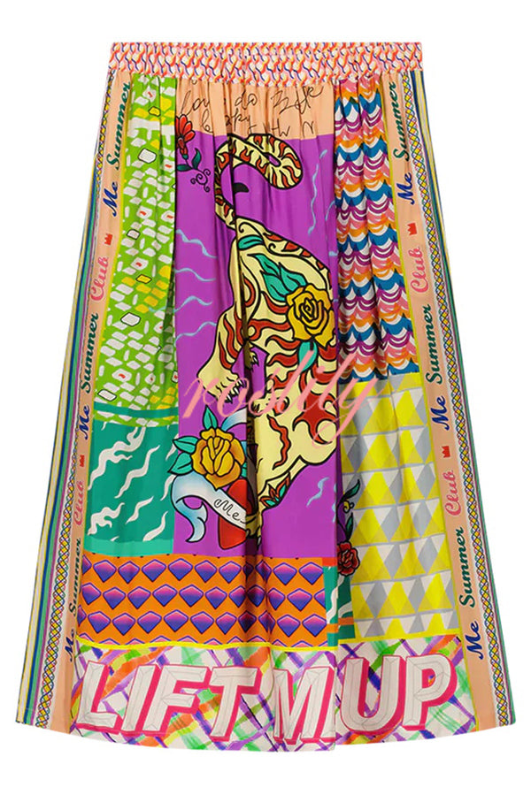 Boho Chic Satin Colorful Unique Print Elastic Waist Pocket Vacation Midi Skirt