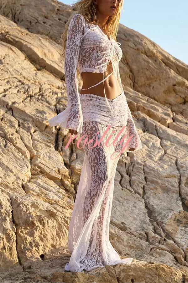 Sexy Lace Long-sleeve Lace-up Top and Pleated Sheer Maxi Skirt Set
