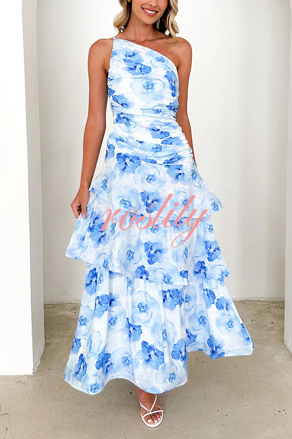 Romantic Season Flower Print One Shoulder Ruched Tiered Maxi Dress