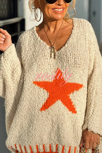 Warm Winter Day Texture Knit Star Pattern Contrast Color Loose Sweater