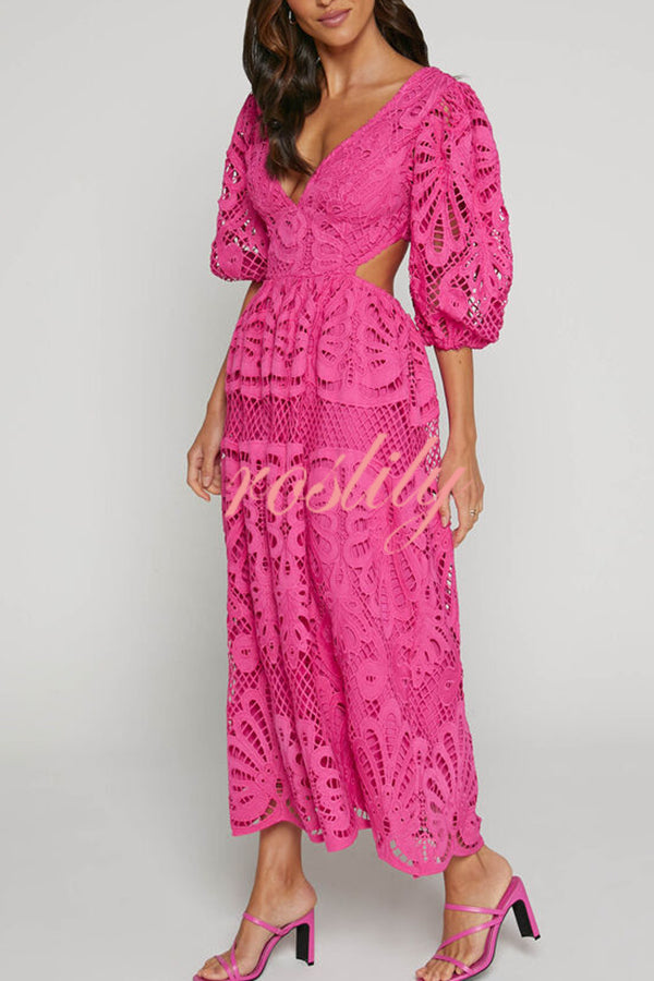 Solid Color V neck Hollow Lace Waistless Sexy Maxi Dress